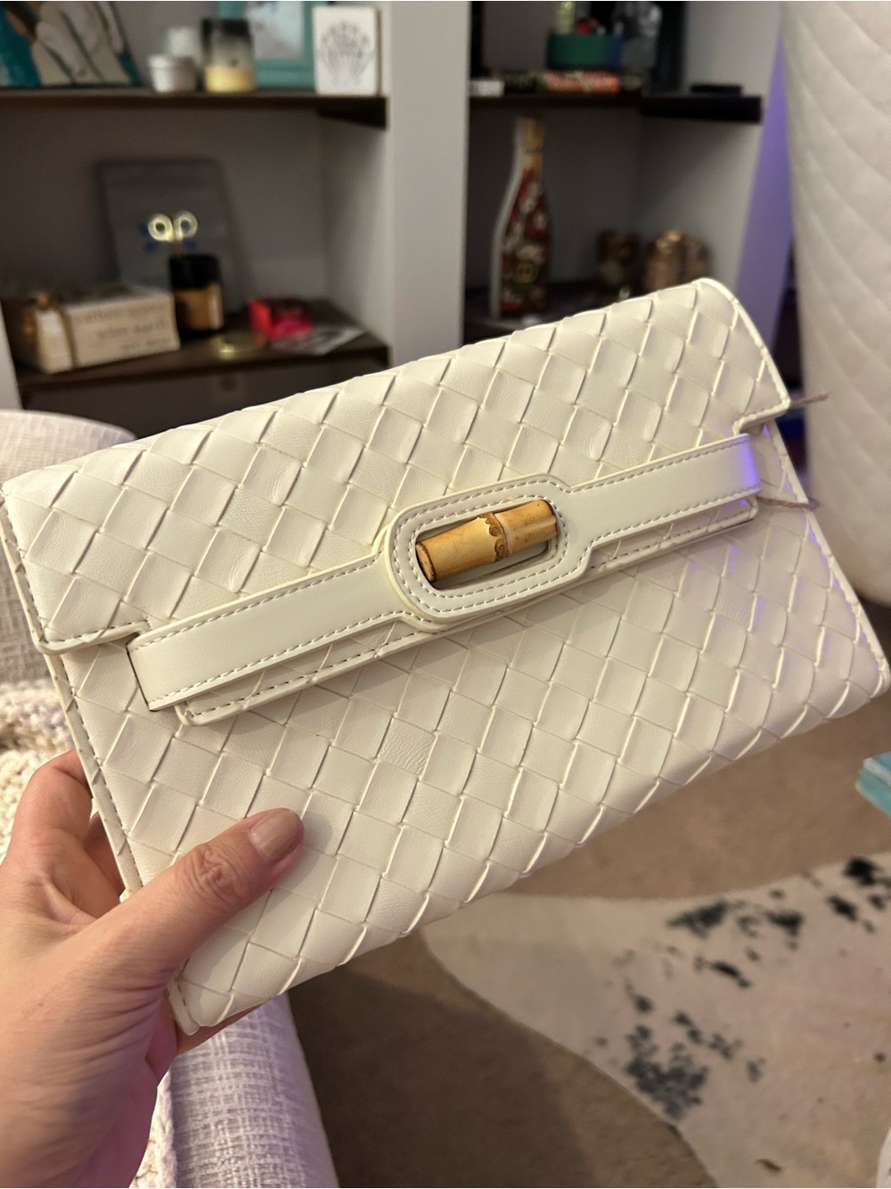 Woven faux Leather cream Clutch with bamboo Accent boutique NWT